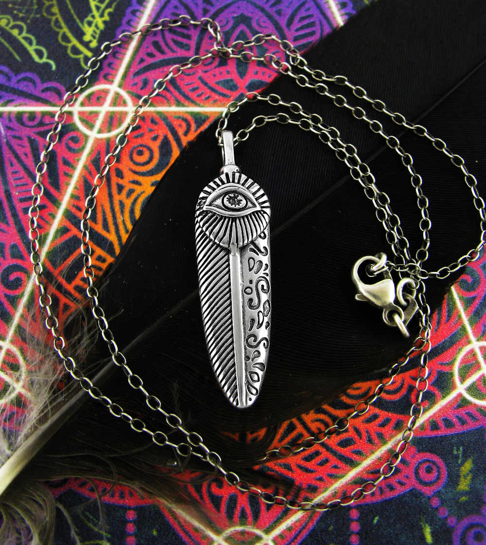 Upright Feather With Evil Eye and Decorative Scrolls Asymmetrical Oxidized Pendant | Woot & Hammy