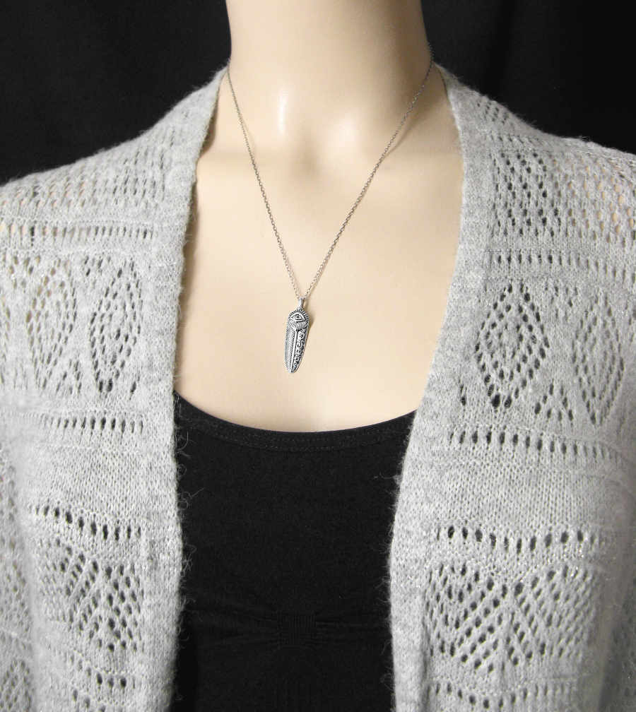 Upright Feather With Evil Eye and Decorative Scrolls Asymmetrical Oxidized Pendant | Woot & Hammy