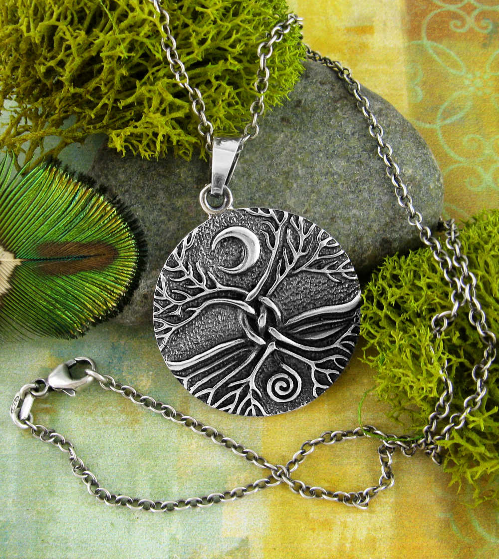 Interwoven Tree of Life With Crescent Moon and Spiral Oxidized Pendant | Woot & Hammy