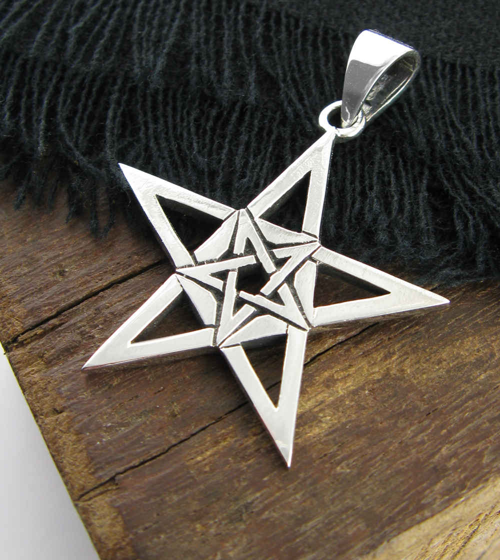 Second Degree Wicca Inverted Pentagram Within Larger Pentagram Symbol Silver Pendant | Woot & Hammy