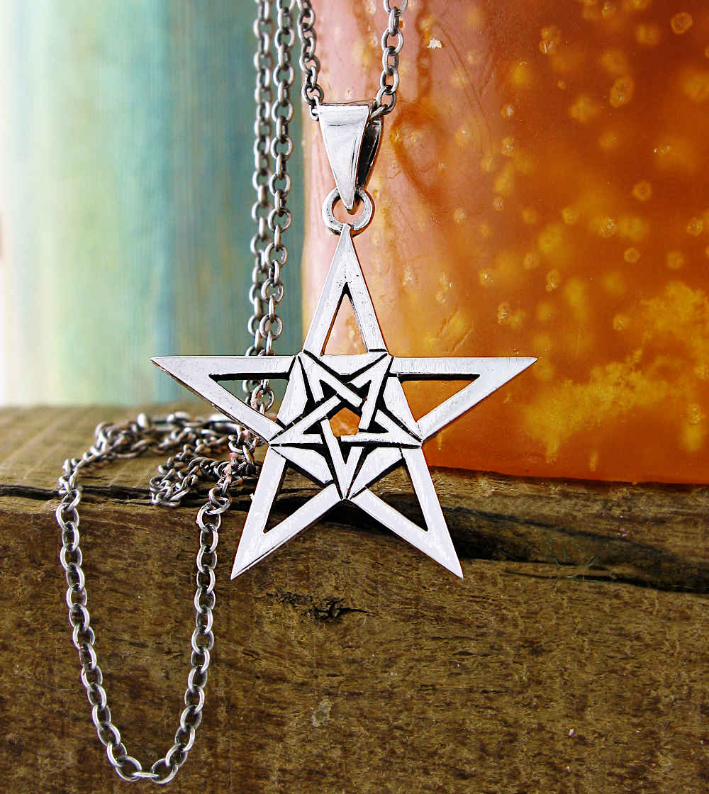 Second Degree Wicca Inverted Pentagram Within Larger Pentagram Symbol Silver Pendant | Woot & Hammy