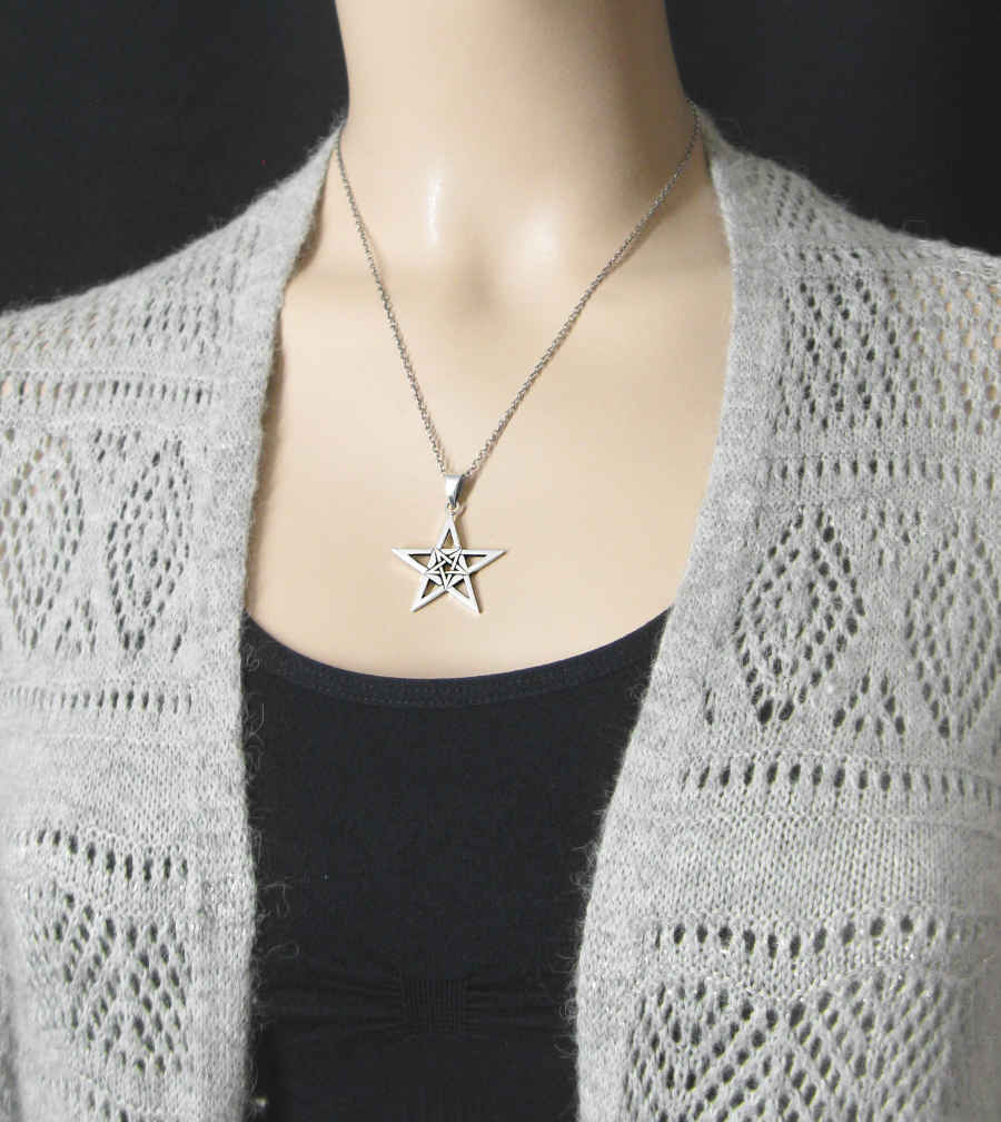 Second Degree Wicca Inverted Pentagram Within Larger Pentagram Symbol Silver Pendant | Woot & Hammy