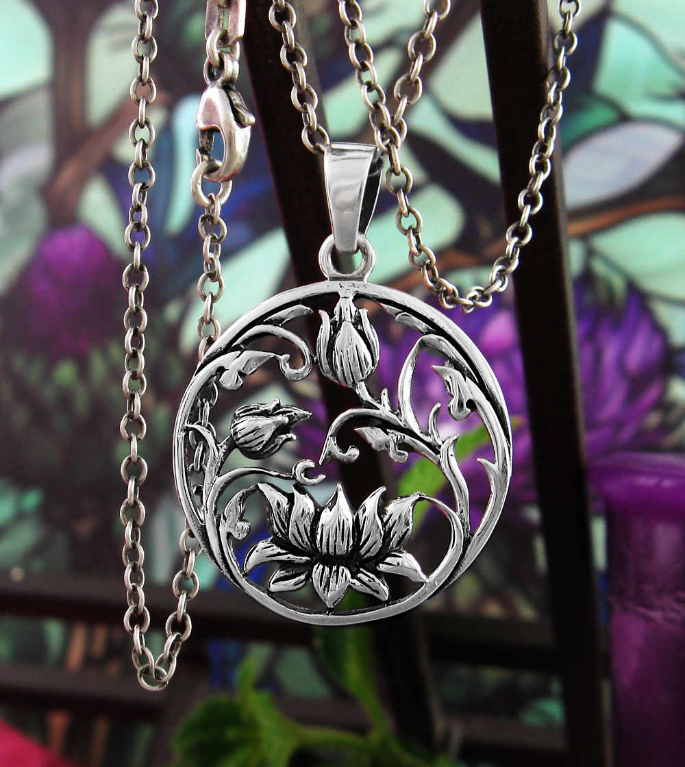 Lotus Flower With Stems Leaves and Buds Cut-Out Pendant Purity Rebirth | Woot & Hammy