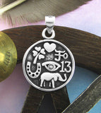 Lucky Symbols Pendant with Horseshoe, Four-Leaf Clover, Elephant, Evil Eye, 13, & Heart, Oxidized