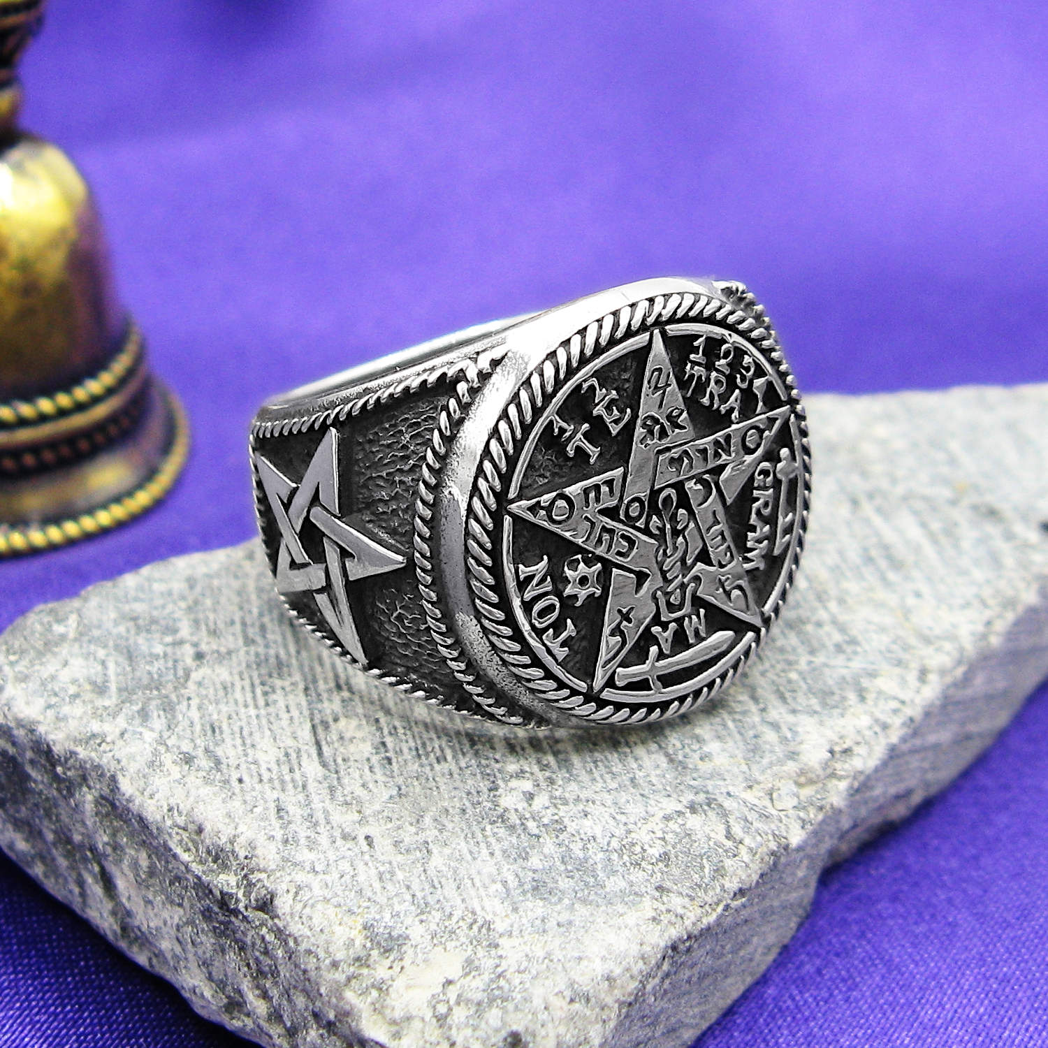 Men's Tetragrammaton Yahweh Pentagram Ring, Oxidized