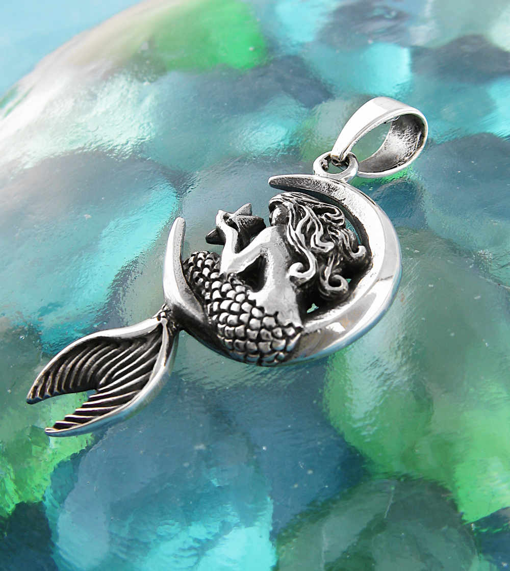 Mythical Mermaid Sitting on Crescent Moon Holding Starfish Pendant | Woot & Hammy