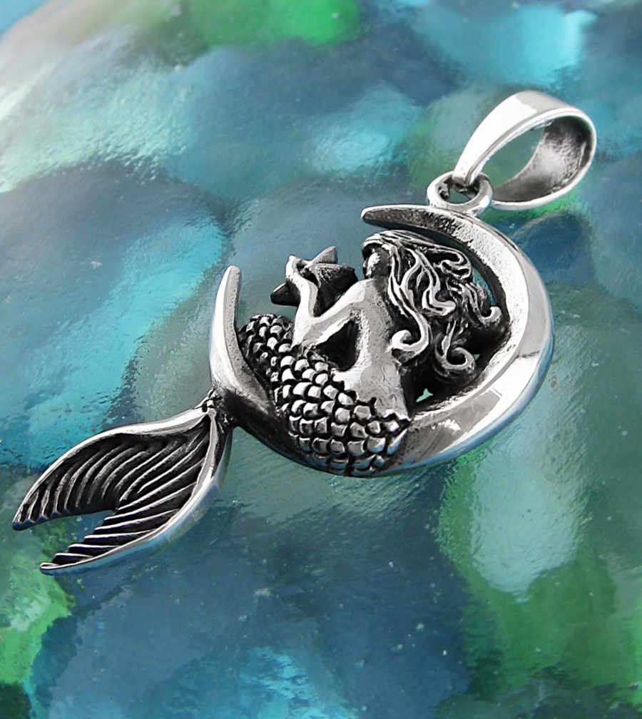 Mythical Mermaid Sitting on Crescent Moon Holding Starfish Pendant | Woot & Hammy