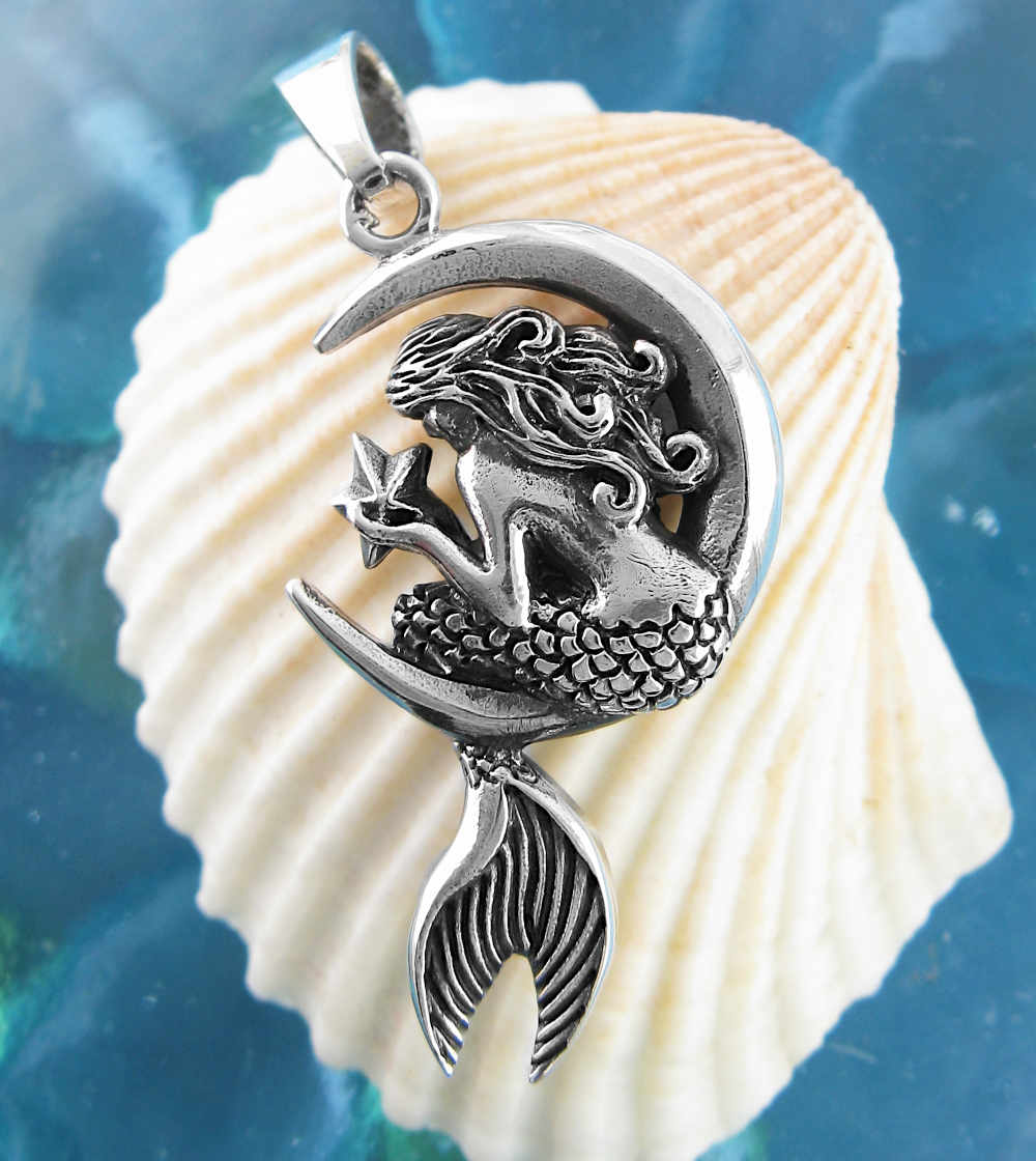 Mythical Mermaid Sitting on Crescent Moon Holding Starfish Pendant | Woot & Hammy