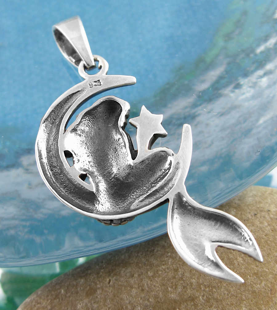 Mythical Mermaid Sitting on Crescent Moon Holding Starfish Pendant | Woot & Hammy