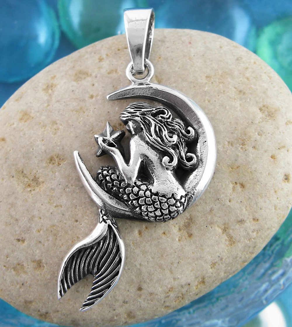 Mythical Mermaid Sitting on Crescent Moon Holding Starfish Pendant | Woot & Hammy