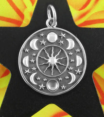 Moon Phases And Stars Circling The Sun Round Pendant Goddess Triple Maiden Mother Crone | Woot & Hammy