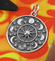 Moon Phases And Stars Circling The Sun Round Pendant Goddess Triple Maiden Mother Crone | Woot & Hammy