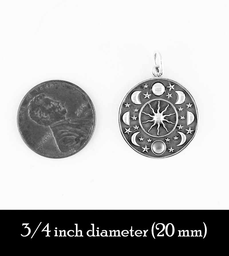 Moon Phases And Stars Circling The Sun Round Pendant Goddess Triple Maiden Mother Crone | Woot & Hammy