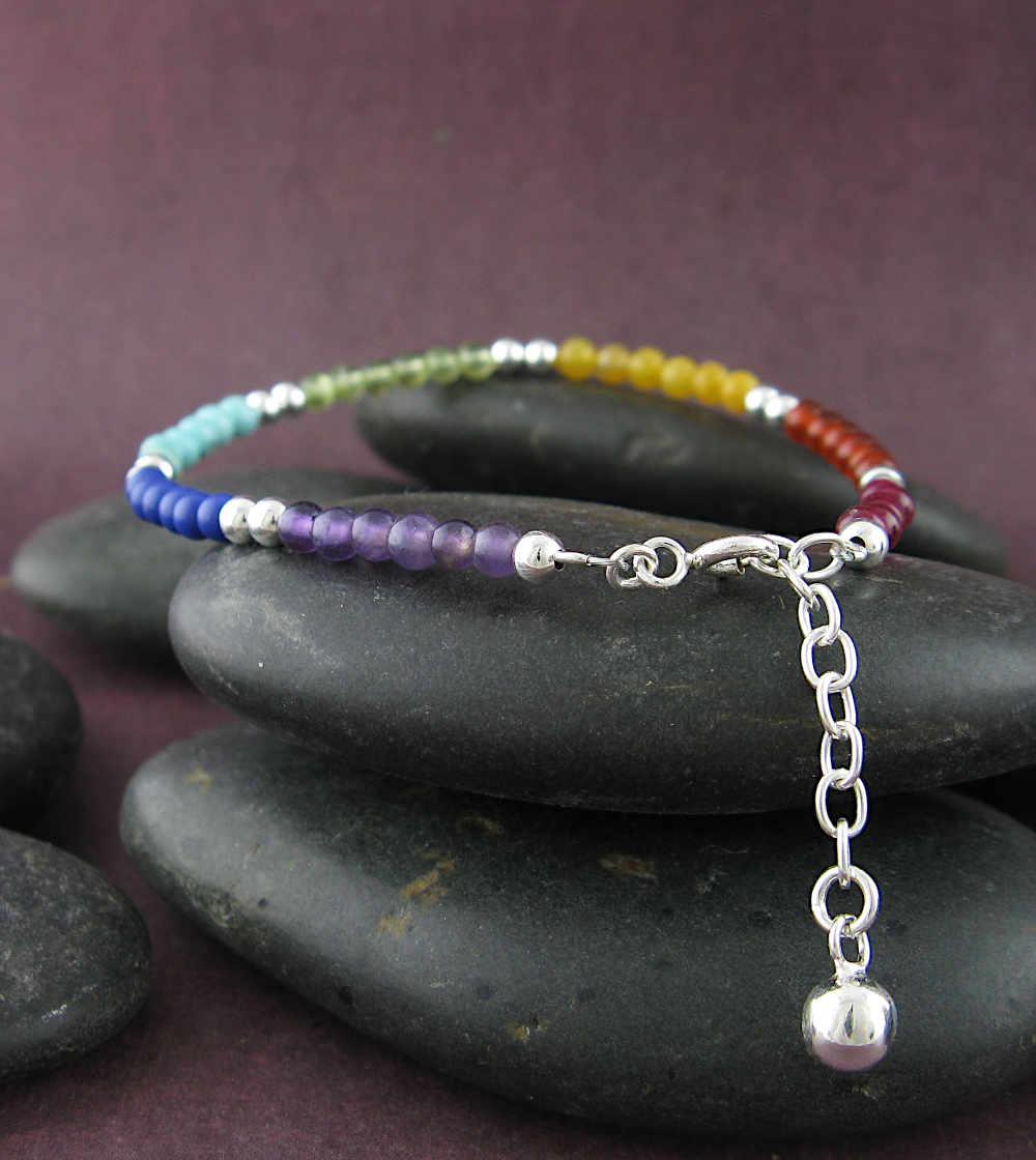 Rainbow Multi-colored Chakra Beaded Silver Bracelet | Woot & Hammy