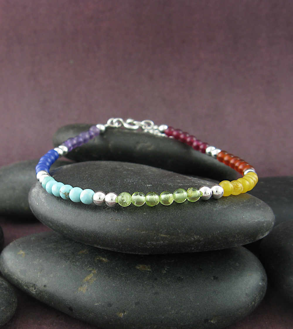 Rainbow Multi-colored Chakra Beaded Silver Bracelet | Woot & Hammy