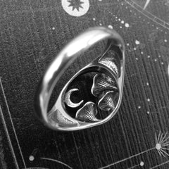 
Miniature Mushrooms Crescent Moon Cut-Out Oxidized Round Ring Fairies Faeries | Woot & Hammy