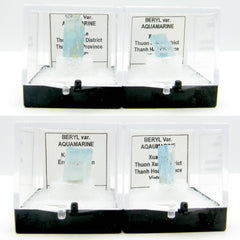 Four different Natural Raw Beryl Aquamarine Crystals in black and clear plastic cases against white background
