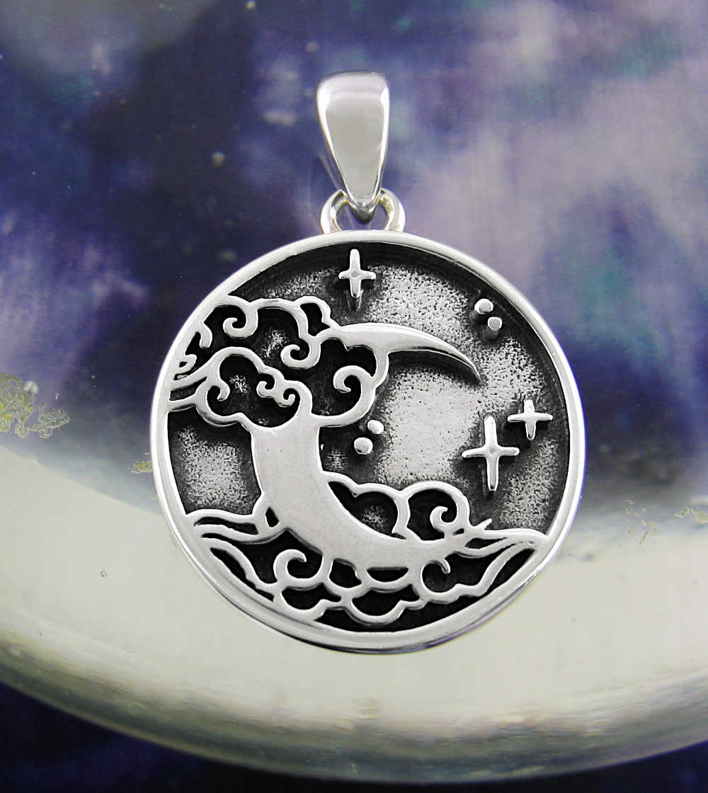 Night Sky With Crescent Moon, Stars, and Clouds Oxidized Round Pendant Planets | Woot & Hammy