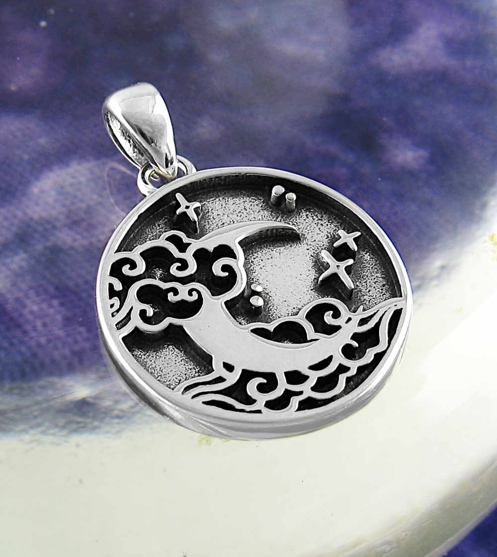 Night Sky With Crescent Moon, Stars, and Clouds Oxidized Round Pendant Planets | Woot & Hammy