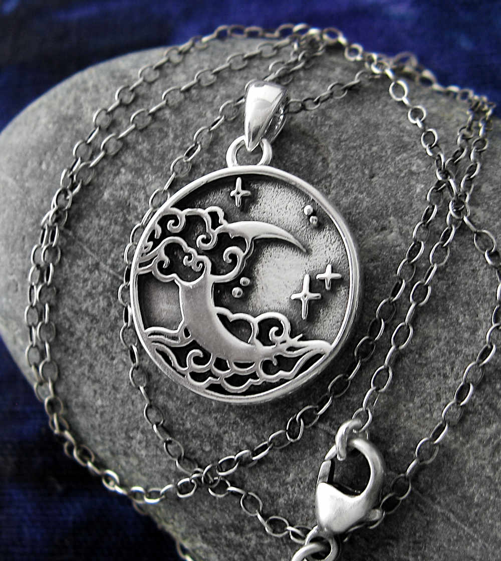 Night Sky With Crescent Moon, Stars, and Clouds Oxidized Round Pendant Planets | Woot & Hammy