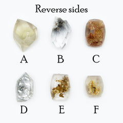 Labeled back view of 6 different Garden quartz druzy gemstones on white background