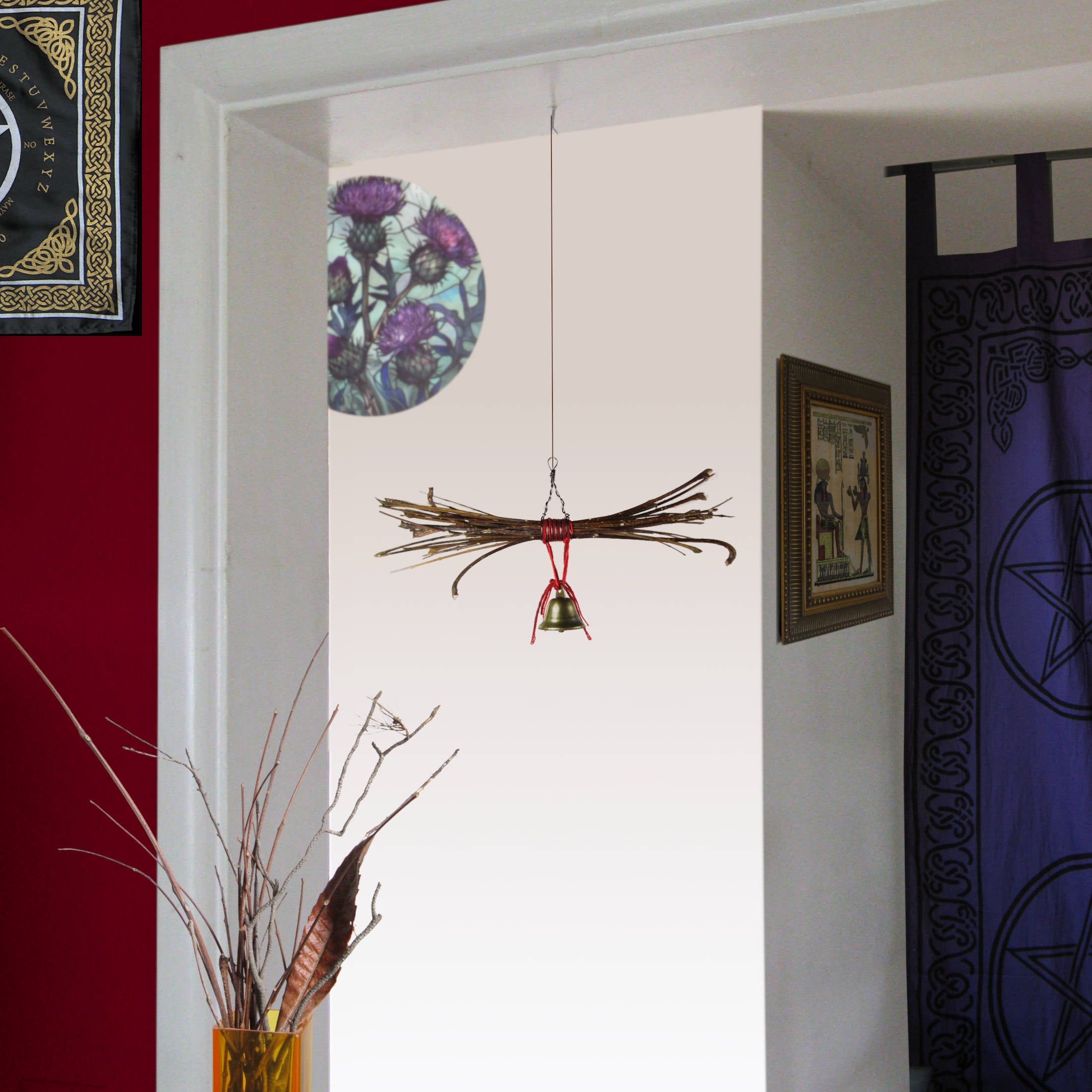 Witch's Bell Rustic Sheaf of Twigs Red Twine Handcrafted Pagan Wiccan Witch Energy-Cleansing Protection Rustic Primitive Nature Worship Sacred Space Witchy Gift Alternative Decor | Woot & Hammy