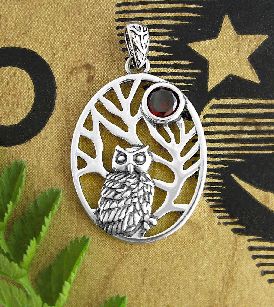 Owl In Tree With Red CZ Moon Pendant | Woot & Hammy