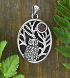 Owl In Tree Pendant With Red Crystal Moon