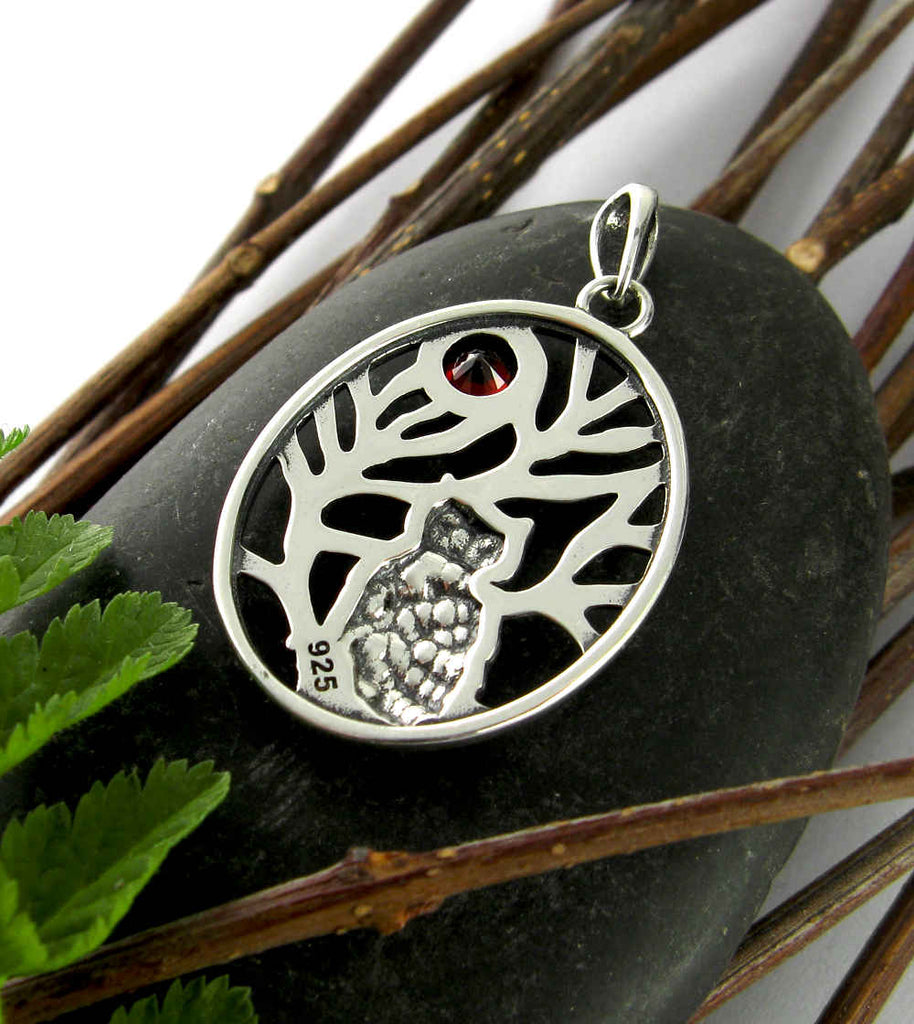 Owl In Tree With Red CZ Moon Pendant | Woot & Hammy