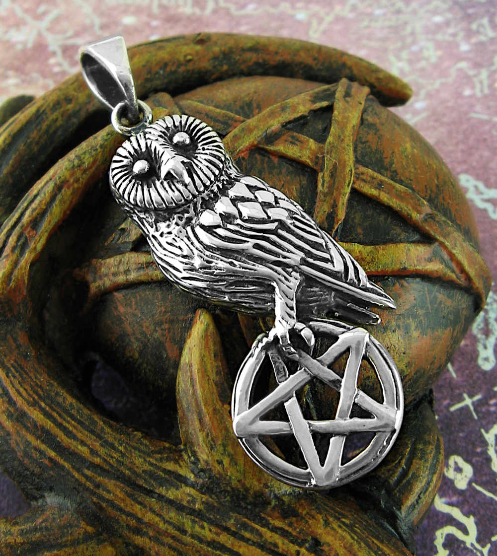 Owl Perched On Cut-Out Pentagram Oxidized Cutout Pendant Night Wisdom Magic | Woot & Hammy