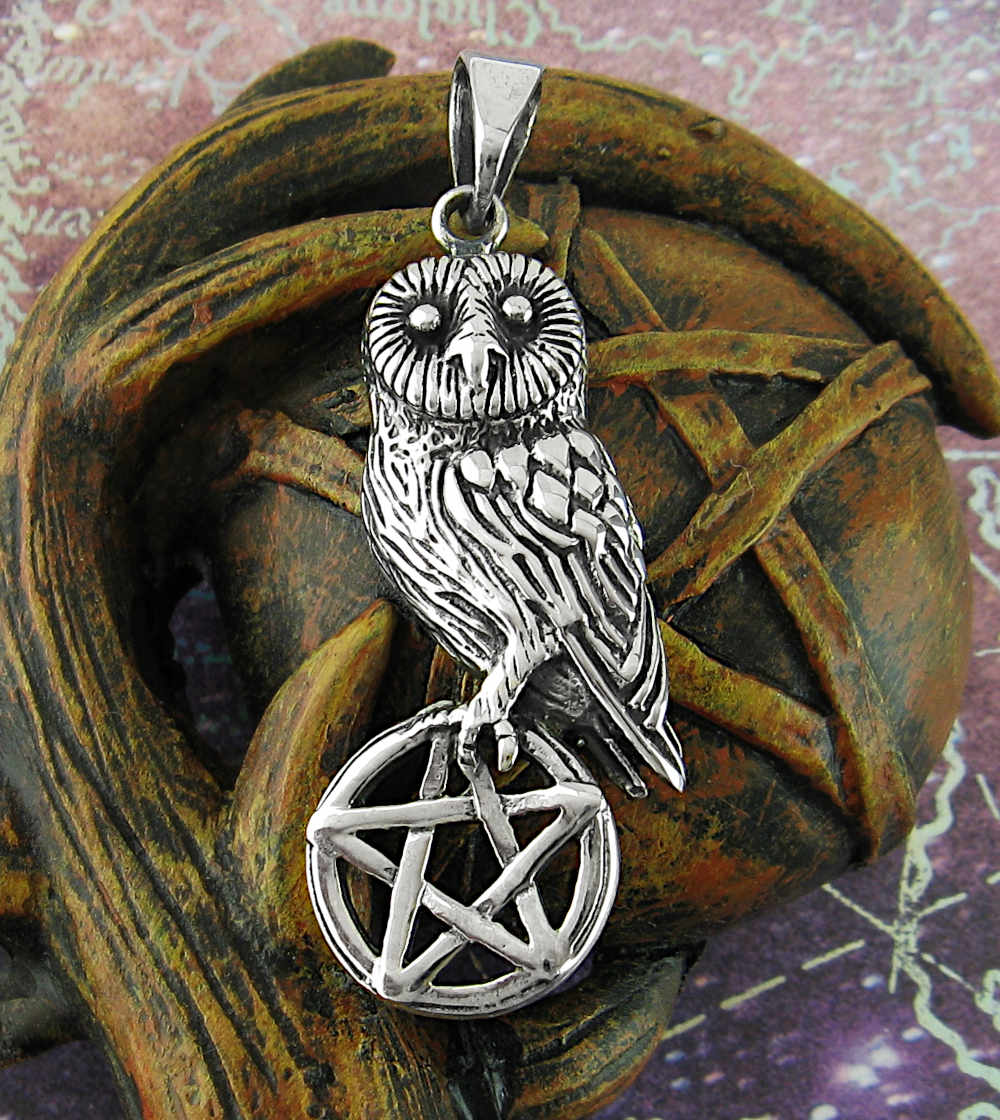 Owl Perched On Cut-Out Pentagram Oxidized Cutout Pendant Night Wisdom Magic | Woot & Hammy