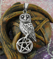 Owl Perched On Cut-Out Pentagram Oxidized Cutout Pendant Night Wisdom Magic | Woot & Hammy