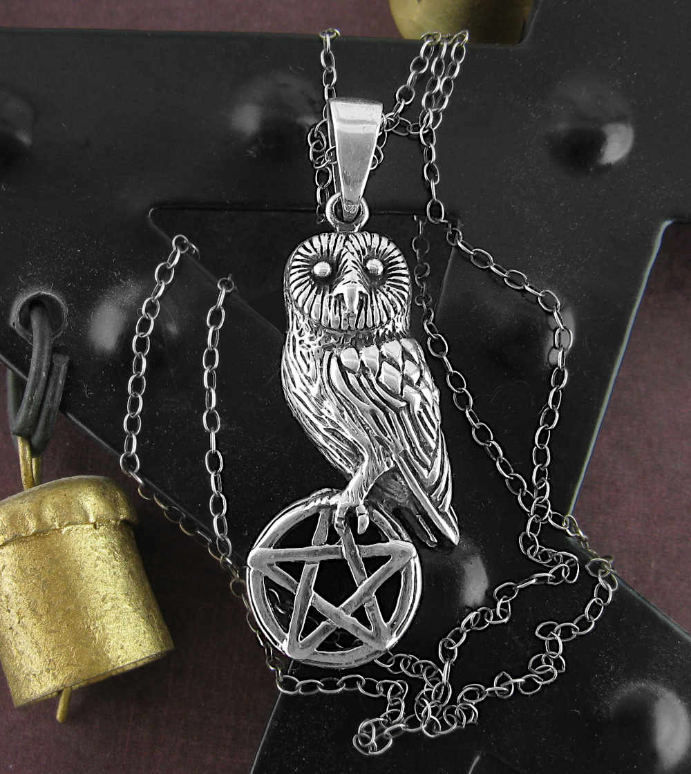 Owl Perched On Cut-Out Pentagram Oxidized Cutout Pendant Night Wisdom Magic | Woot & Hammy