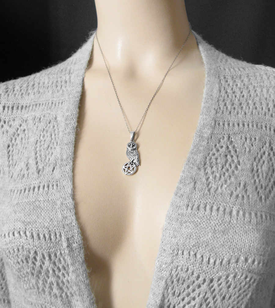 Owl Perched On Cut-Out Pentagram Oxidized Cutout Pendant Night Wisdom Magic | Woot & Hammy