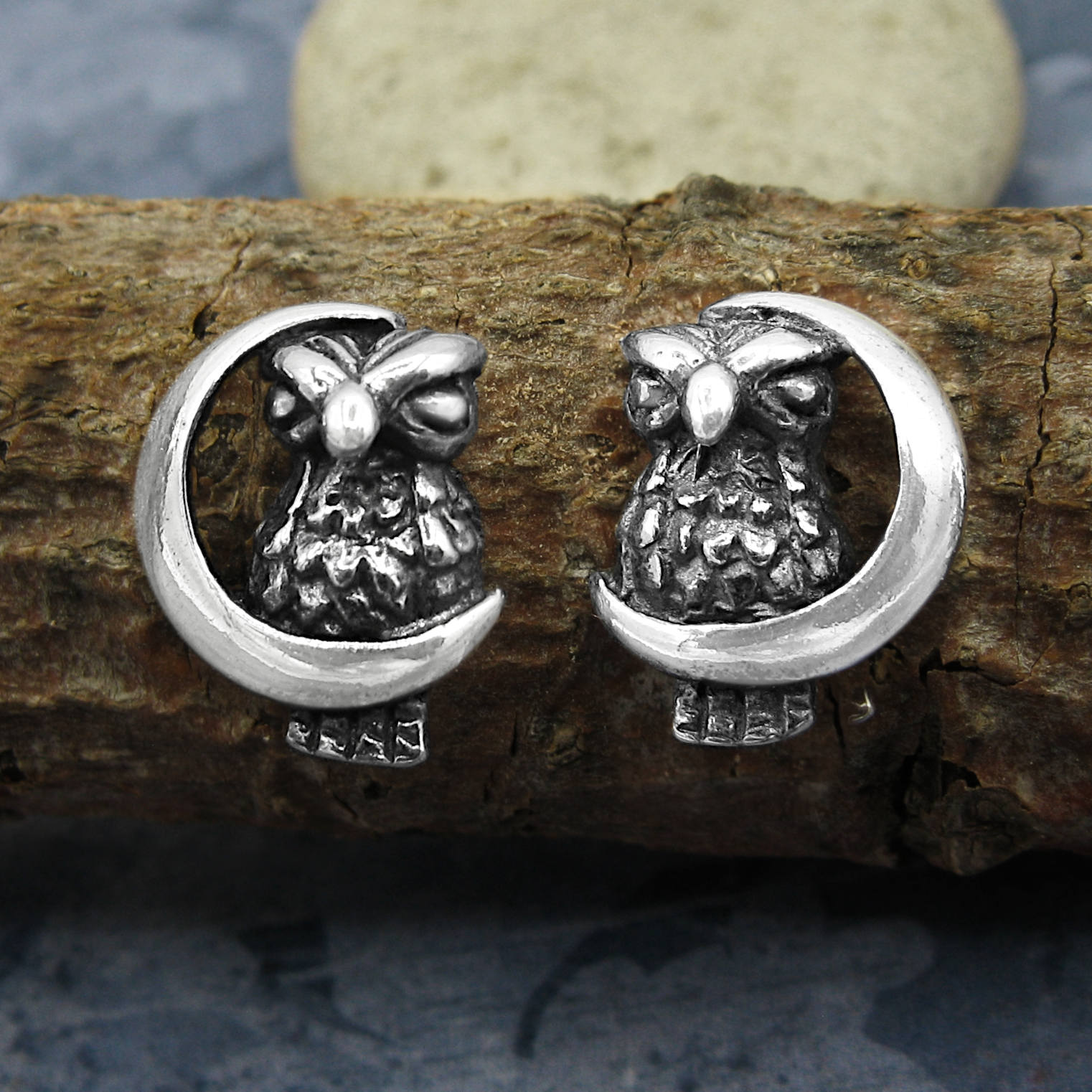 Silver owl and crescent moon earrings on a tree branch.