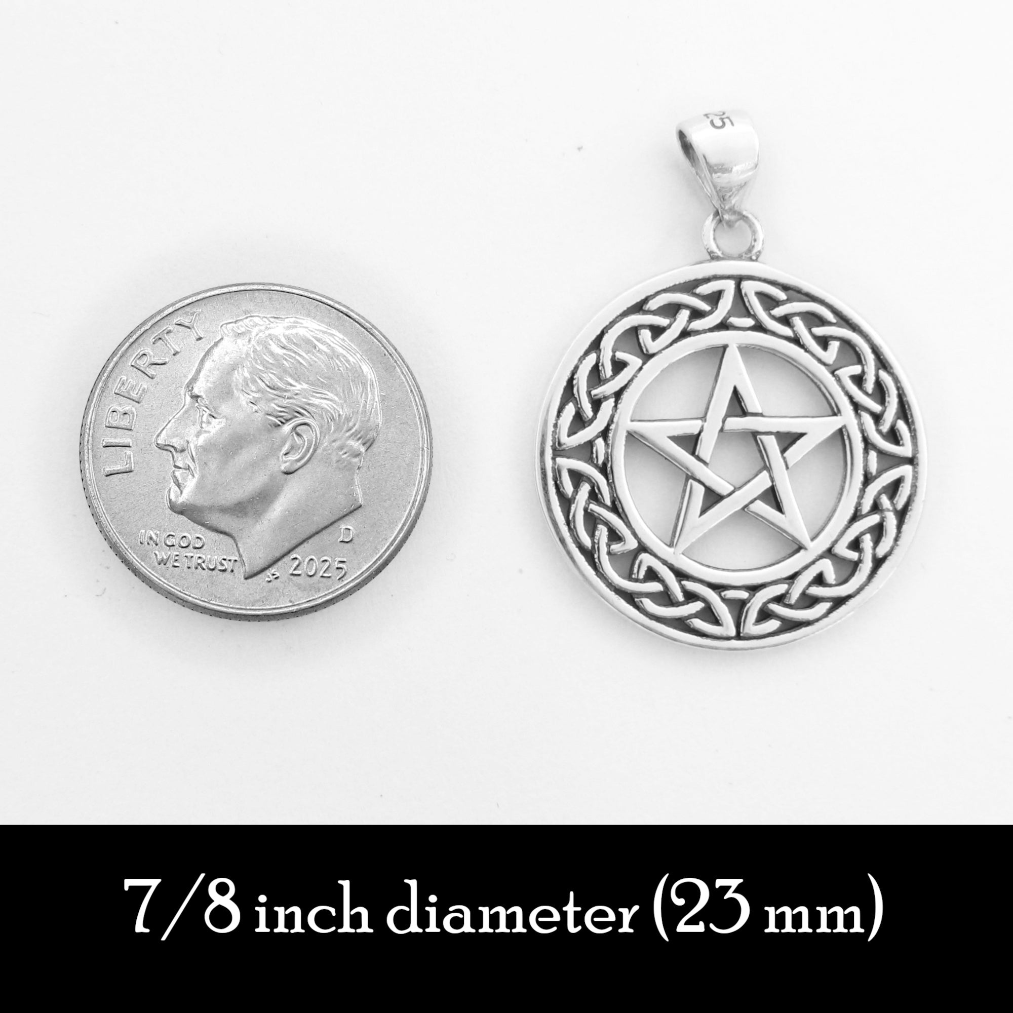 Silver pentacle pendant next to a U.S. 10 cent coin dime shown for scale