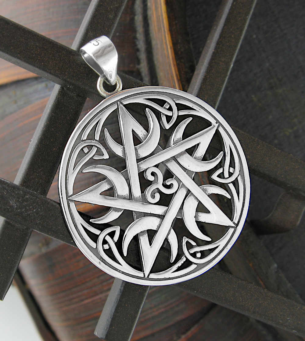 Pentagram With Five Crescent Moons, Triskele and Celtic Knots Cut-Out Pendant | Woot & Hammy