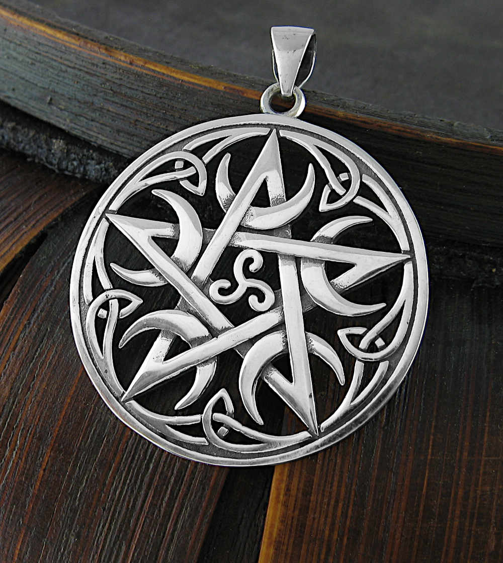 Pentagram With Five Crescent Moons, Triskele and Celtic Knots Cut-Out Pendant | Woot & Hammy