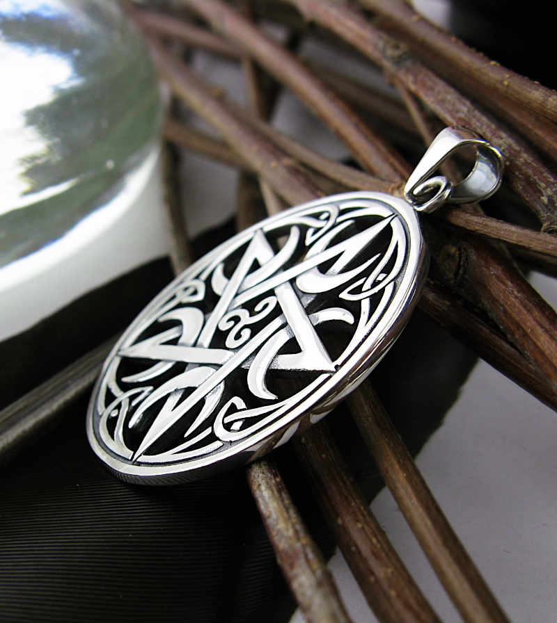 Pentagram With Five Crescent Moons, Triskele and Celtic Knots Cut-Out Pendant | Woot & Hammy