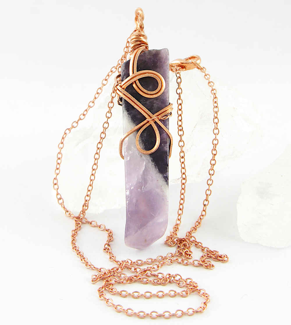 Polished Amethyst Bar Wrapped in Copper Wire w/ Swirls Handmade Pendant w/ 20-Inch Chain | Woot & Hammy