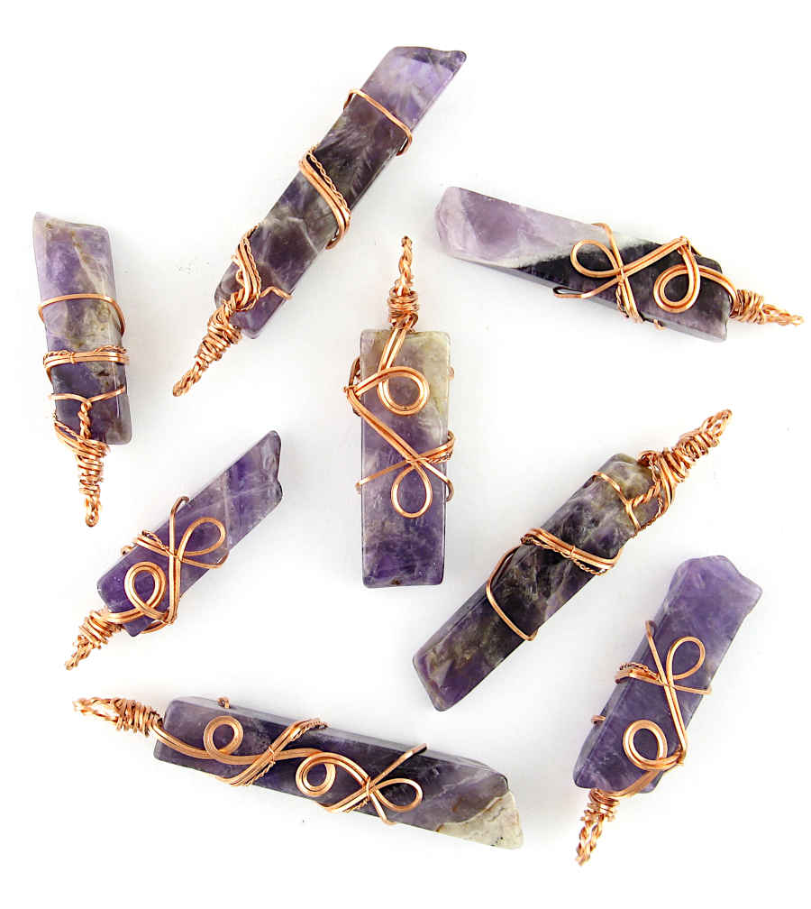 Polished Amethyst Bar Wrapped in Copper Wire w/ Swirls Handmade Pendant w/ 20-Inch Chain | Woot & Hammy