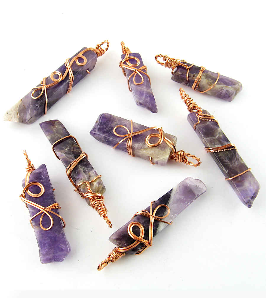 Polished Amethyst Bar Wrapped in Copper Wire w/ Swirls Handmade Pendant w/ 20-Inch Chain | Woot & Hammy