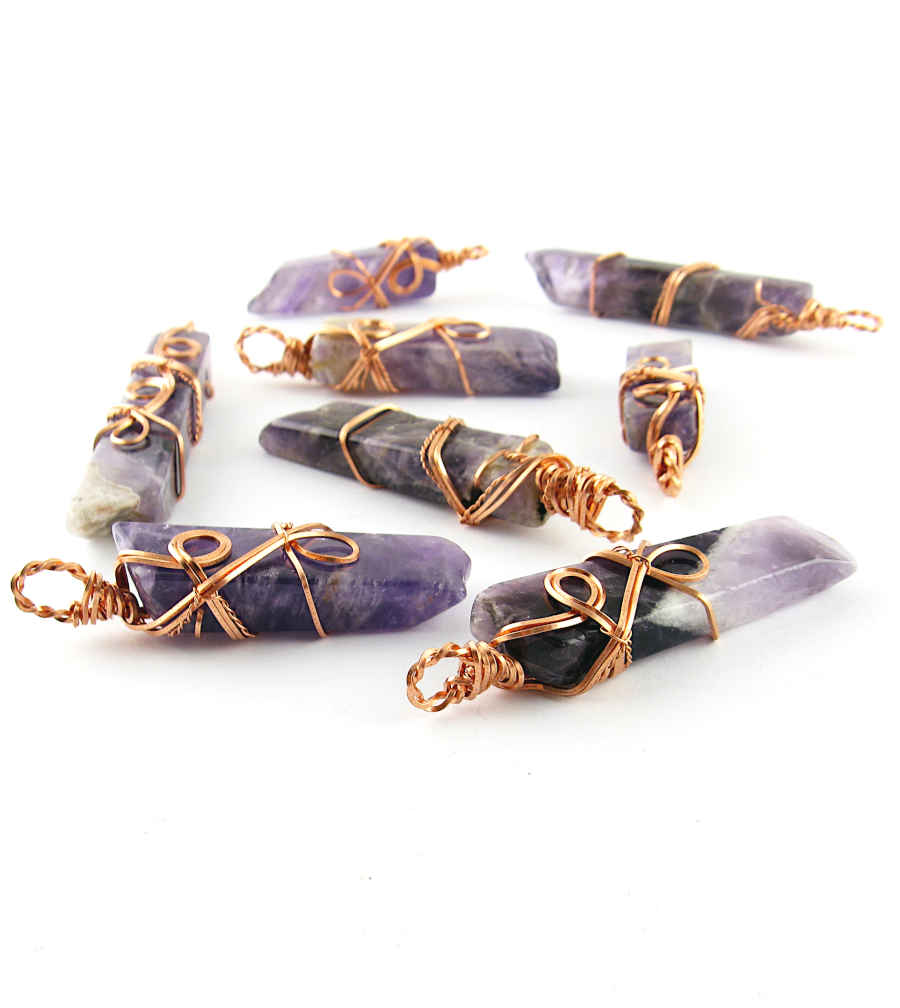 Polished Amethyst Bar Wrapped in Copper Wire w/ Swirls Handmade Pendant w/ 20-Inch Chain | Woot & Hammy