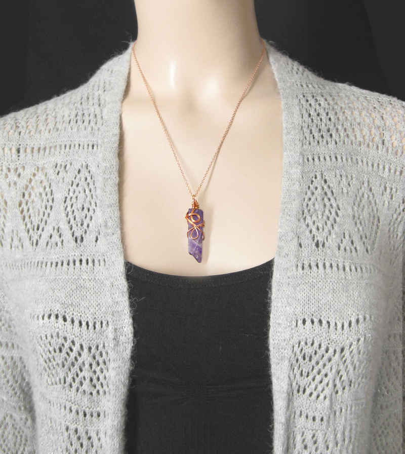 Polished Amethyst Bar Wrapped in Copper Wire w/ Swirls Handmade Pendant w/ 20-Inch Chain | Woot & Hammy