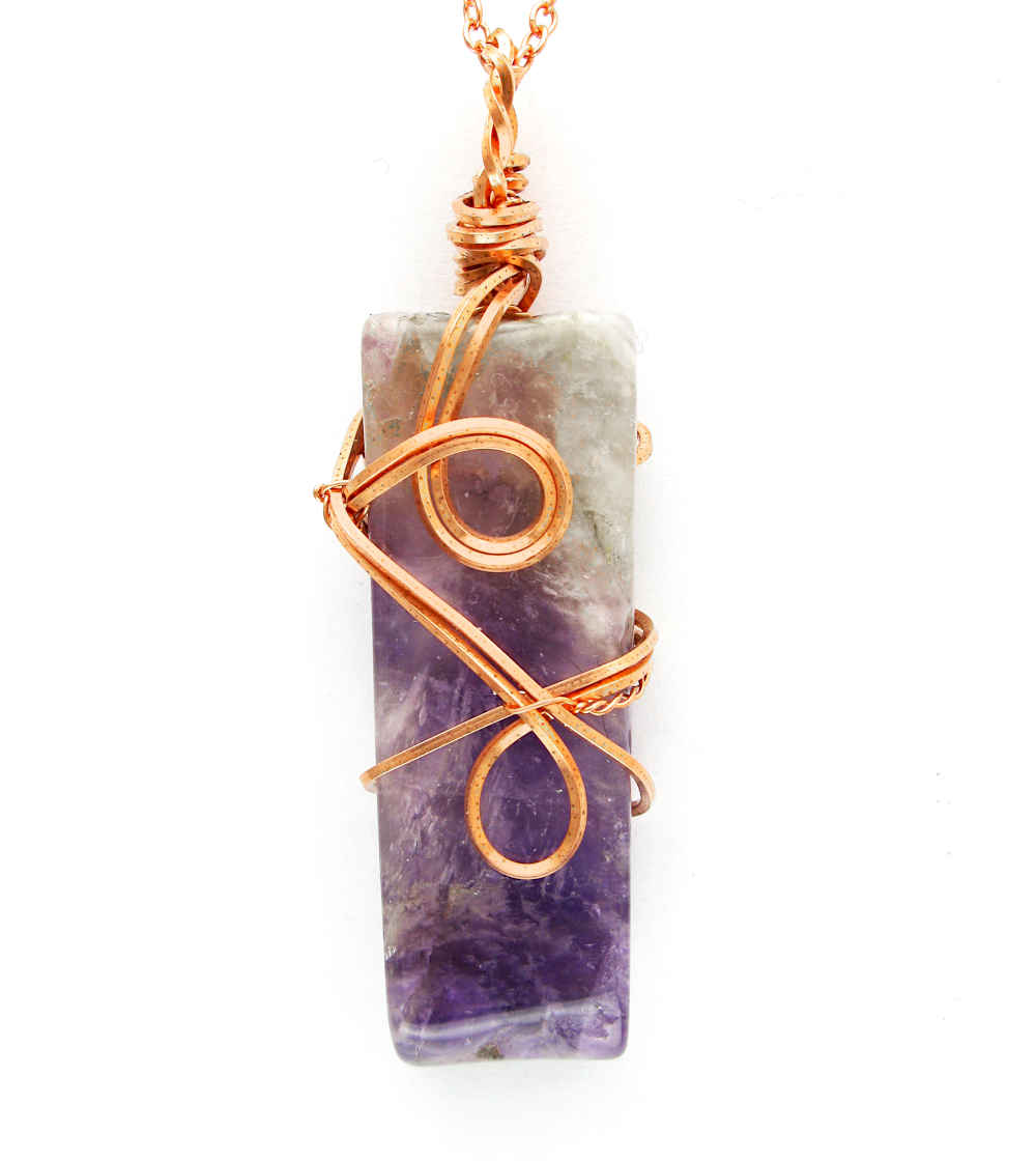 Polished Amethyst Bar Wrapped in Copper Wire w/ Swirls Handmade Pendant w/ 20-Inch Chain | Woot & Hammy