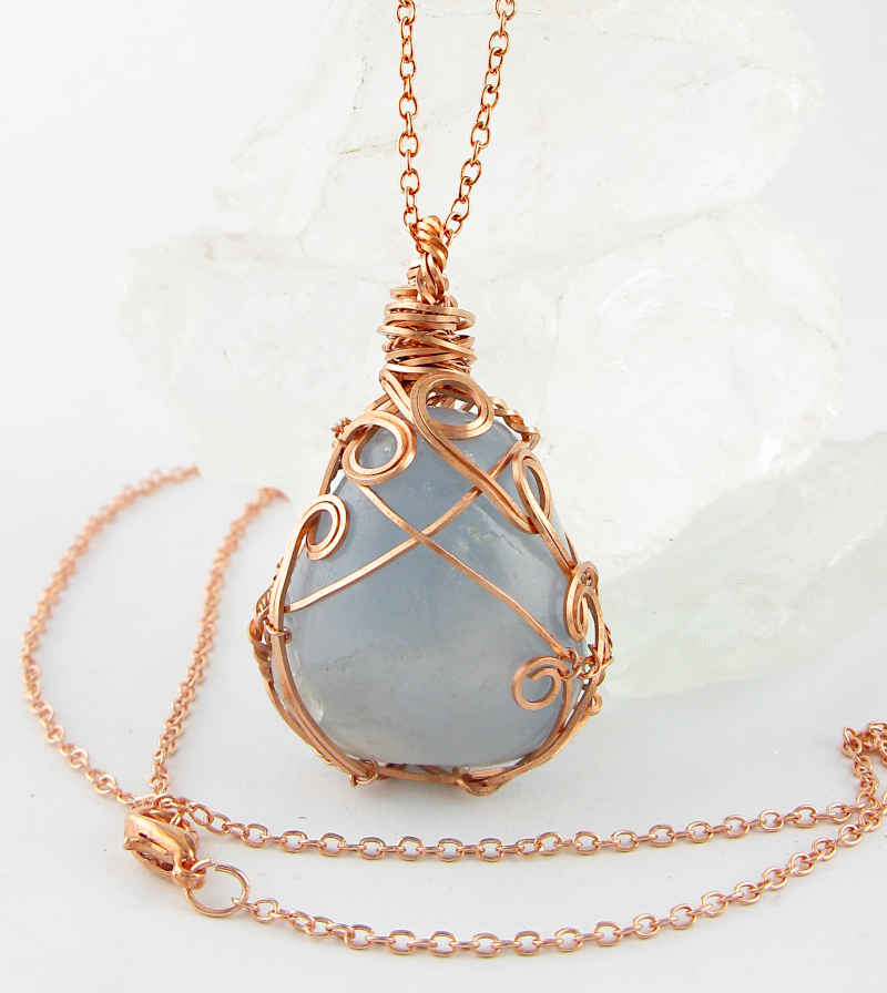 Copper Wire-Wrapped Polished Blue Crystal Pendant with 20" Chain, Handmade | Woot & Hammy