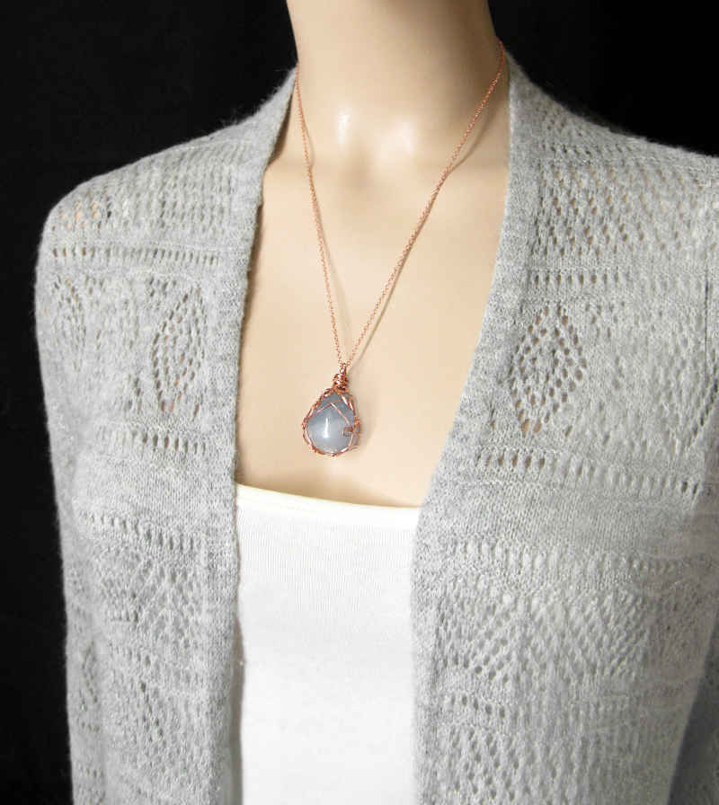 Copper Wire-Wrapped Polished Blue Crystal Pendant with 20" Chain, Handmade | Woot & Hammy