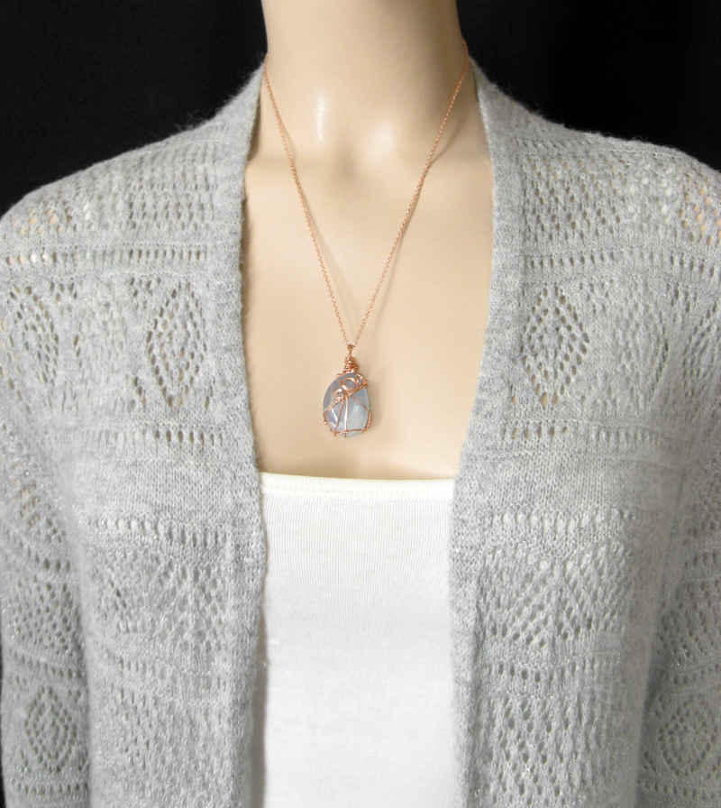 Copper Wire-Wrapped Polished Blue Celestite Crystal Pendant with 20" Chain, Handmade #2 | Woot & Hammy