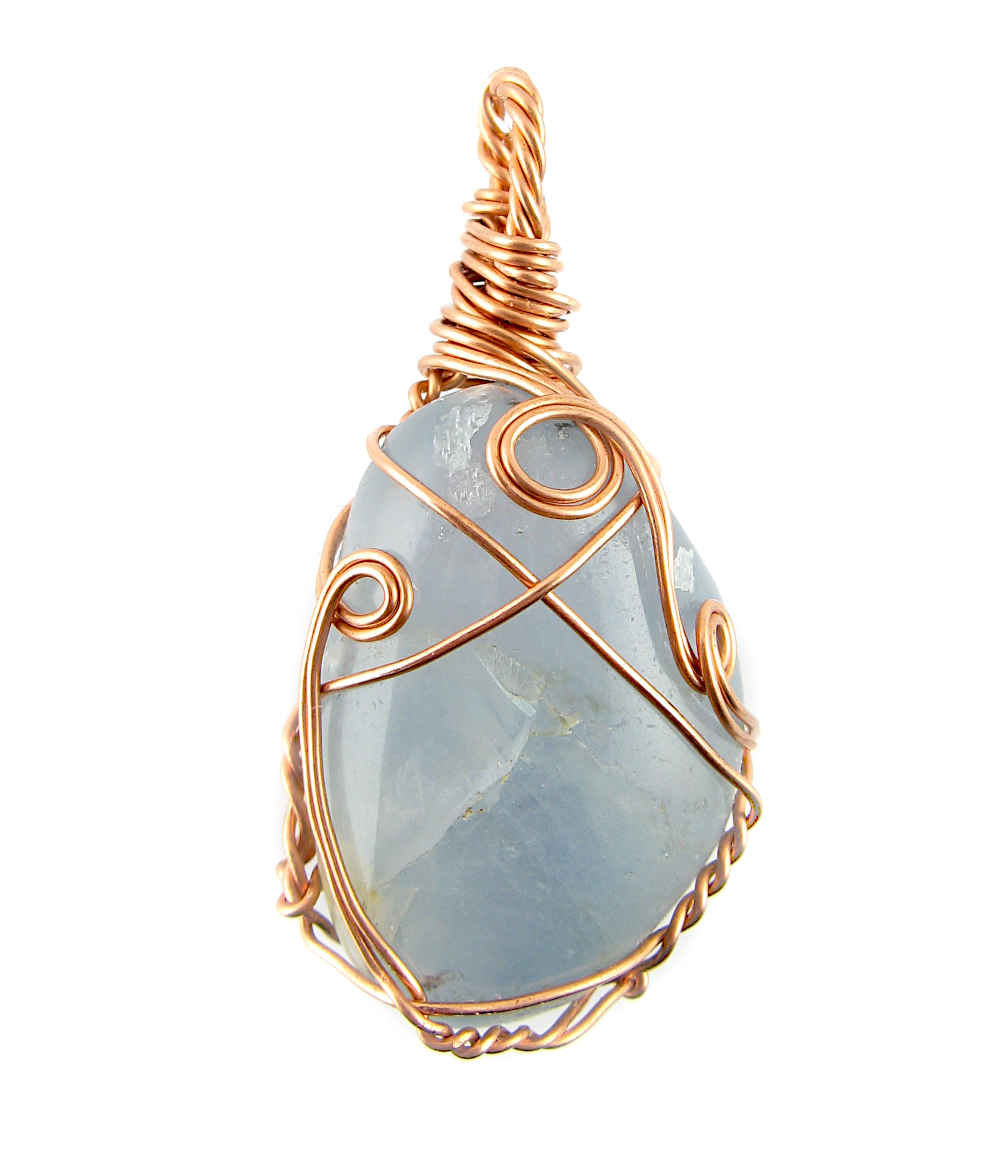 Copper Wire-Wrapped Polished Blue Celestite Crystal Pendant with 20" Chain, Handmade #3 | Woot & Hammy