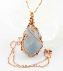 Copper Wire-Wrapped Polished Blue Celestite Crystal Pendant with 20" Chain, Handmade #3 | Woot & Hammy